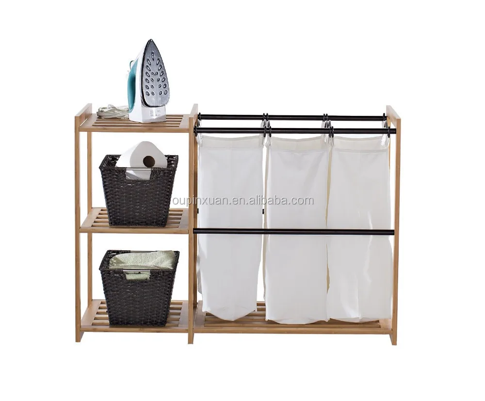 3-Bag Bamboo hot sale laundry cart laundry hamper with bathroom shelf bathroom storage rack