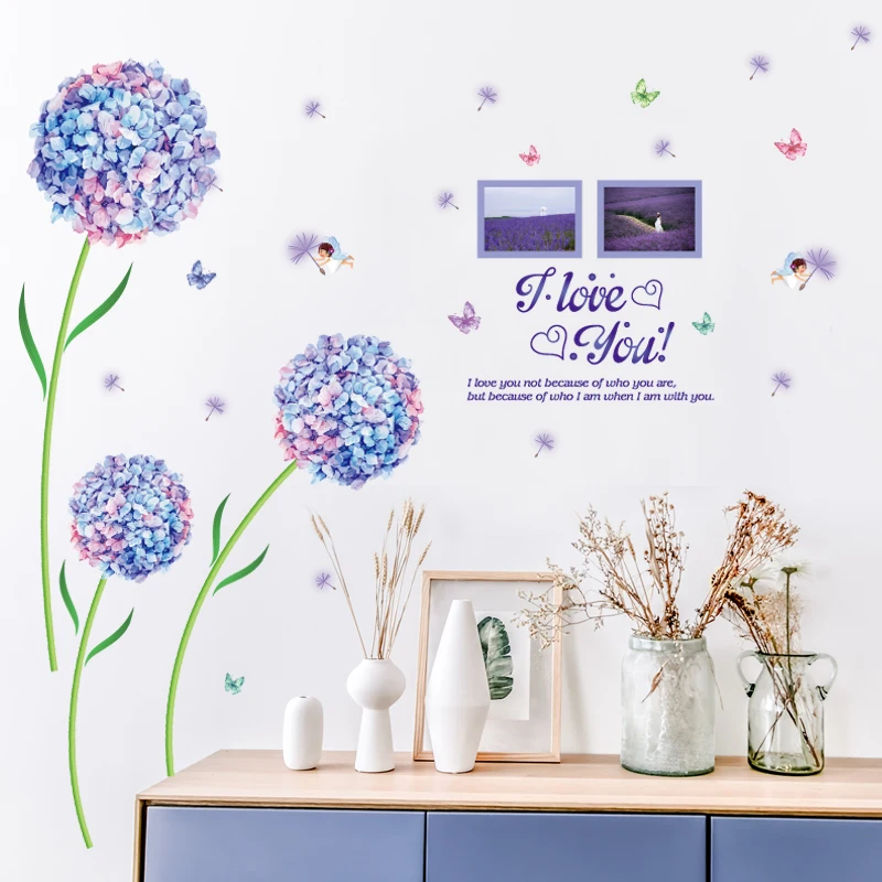 YIYAO Nature Series 3D Purple Dandelion Flower Removable Vinyl DIY Wall Sticker