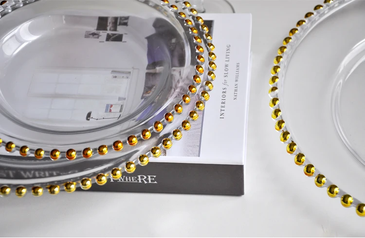 Классический 13 дюймов золото с украшенными бисерами, свадебные прозрачные стеклянные тарелки оптом