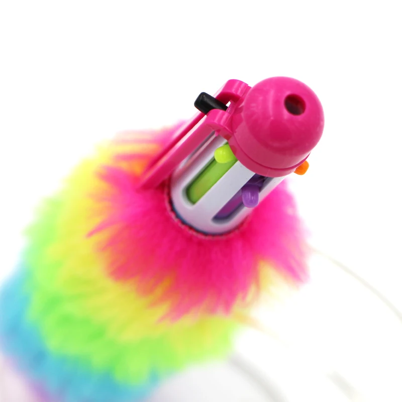 Short fat fluffy pom pom pen multicolor 6 color rainbow ballpoint pen with colorful rainbow barrel