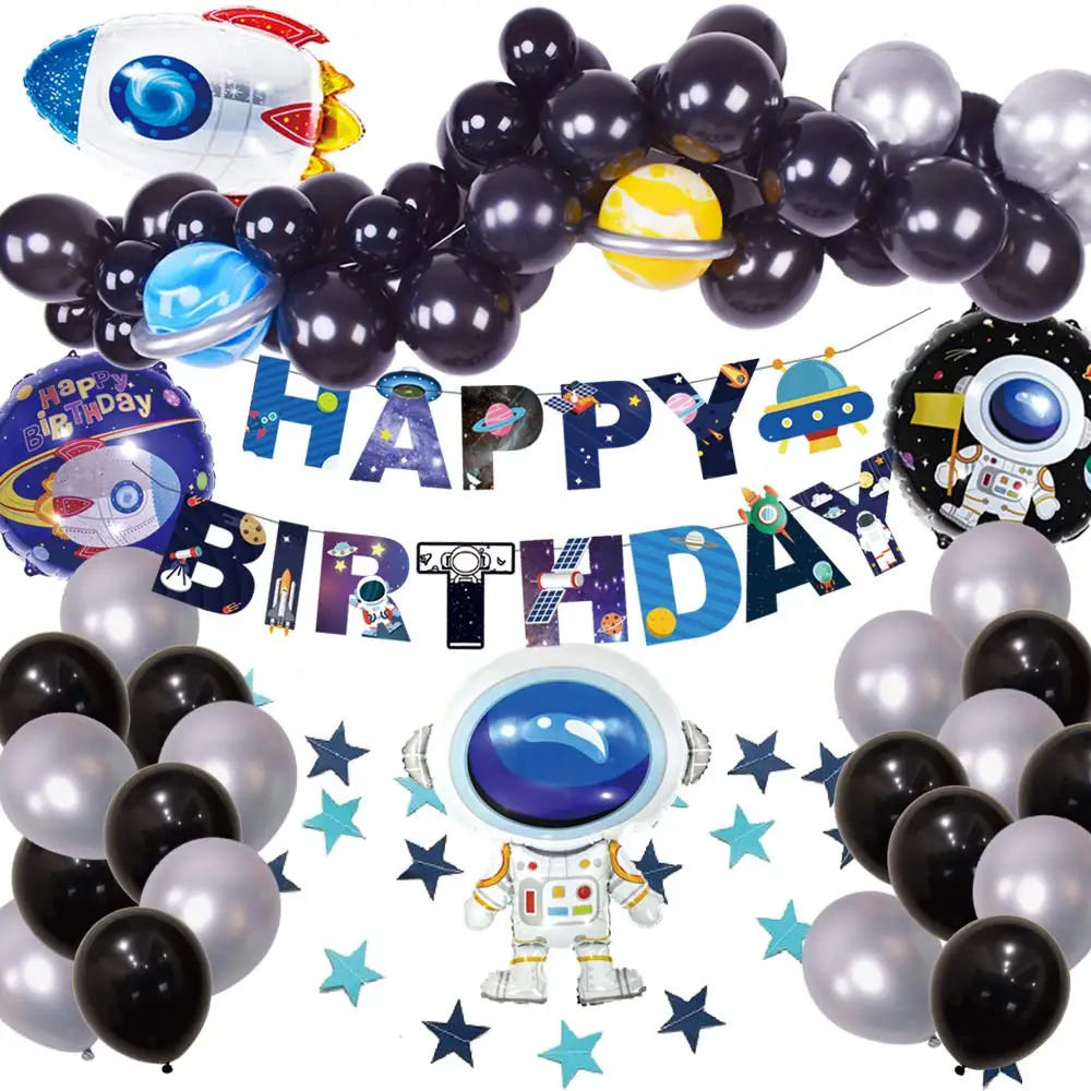 
Outer Space Birthday Party Decorations 76pcs Rocket Balloons Solar System Happy Birthday Banner Silver Black Balloon Supplies 