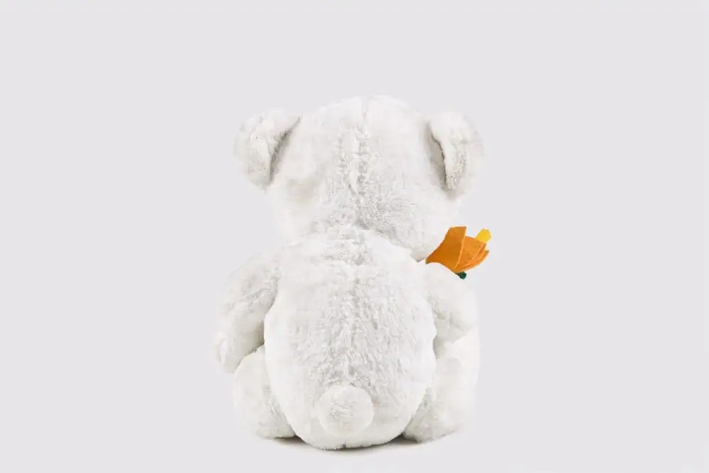 Plush stuffed white teddy bear toy with a rose flower and embroidery in feet for Valentines days Festival gifts