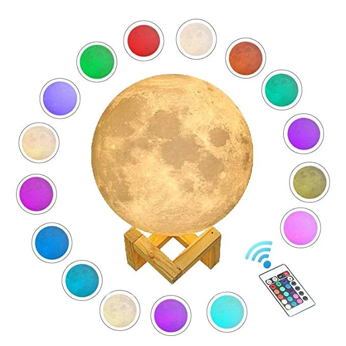 RGB Lunar Lamp, 3D Printing 16 Colors LED Moon Light with Wood Stand and Time Setting (7 inch) & Remote & Touch Control