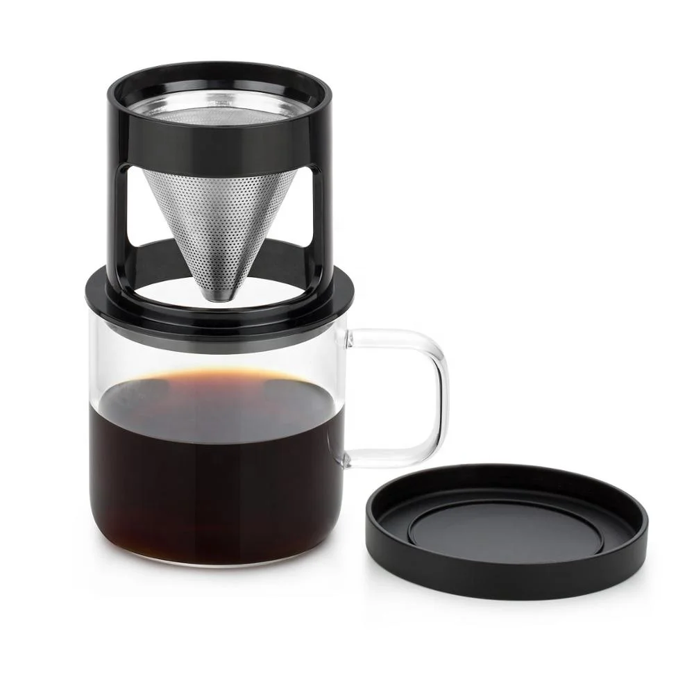 Hot sell Pour Over Reusable Stainless Steel Coffee Filter Personal Dripper Coffee Mug With Removable Glass Cup Stand