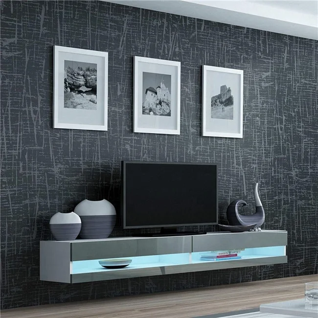 Factory Latest New LED Design TV Floating Wall Mountable Unit High Gloss Fronts Mounted Cabinet TV Stand