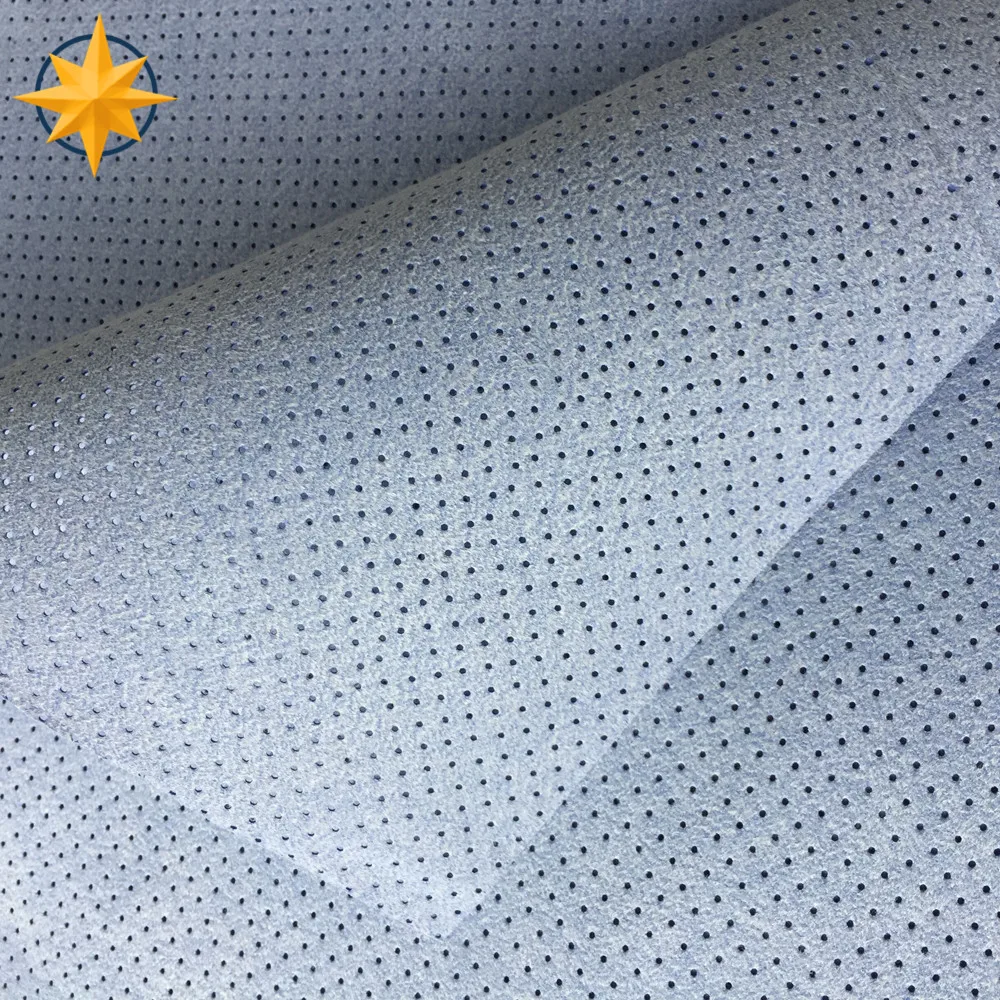 Blue/yellow needle punched pu coated leather chamois fabric with hole