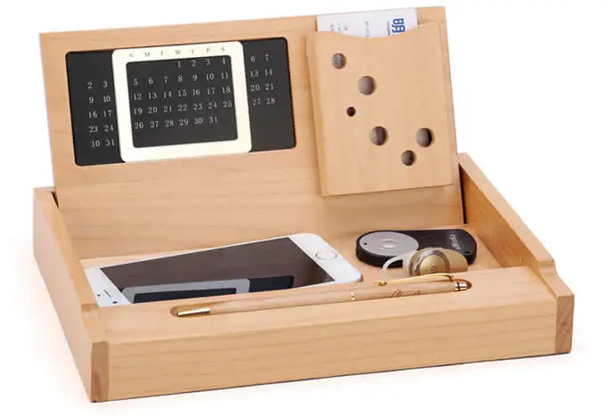 Wooden Multi-function Desk Stationery Organizer Storage Box With Perpetual Calendar
