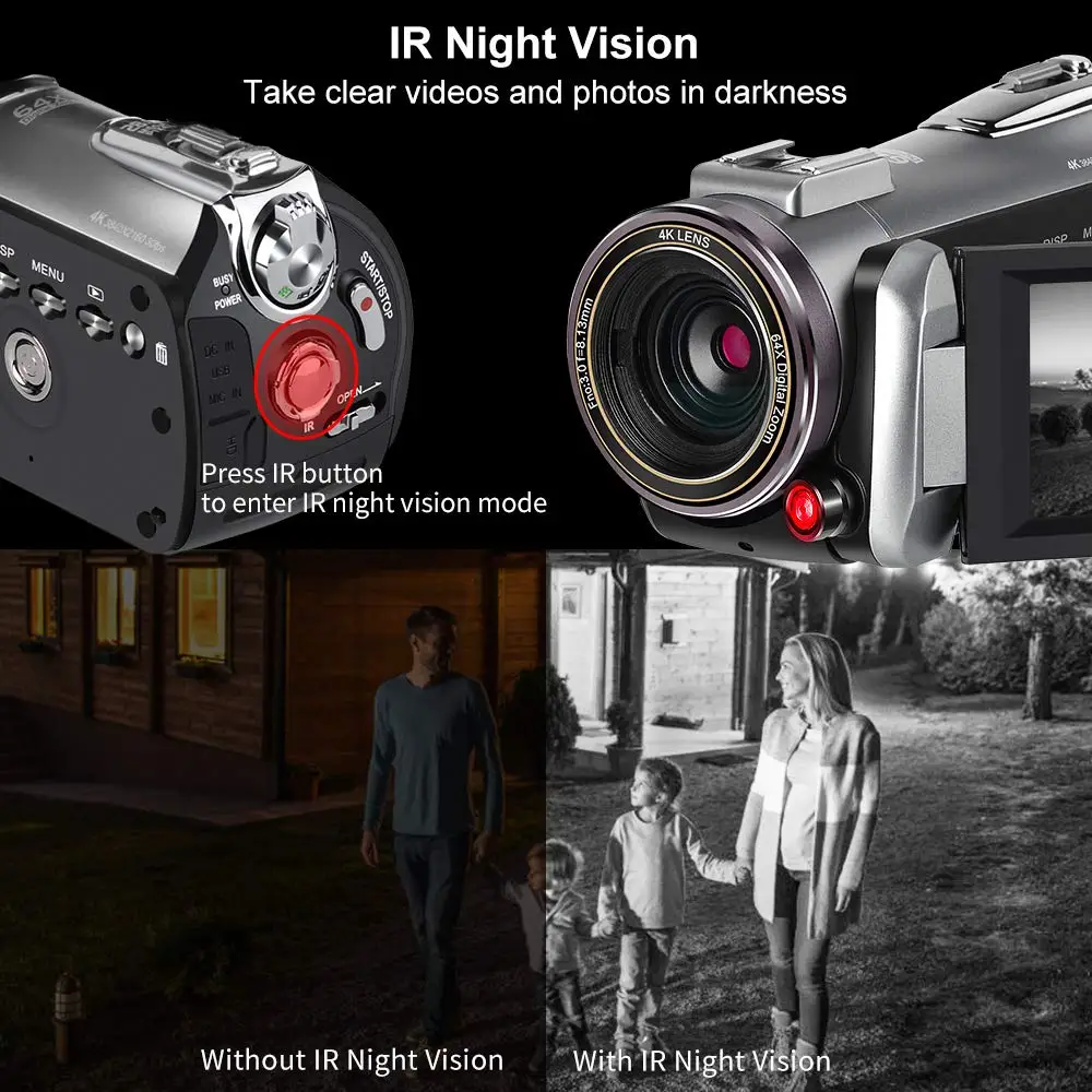 Professional digital Real 4K 30fps infrared night vision WiFi optical zoom video camera