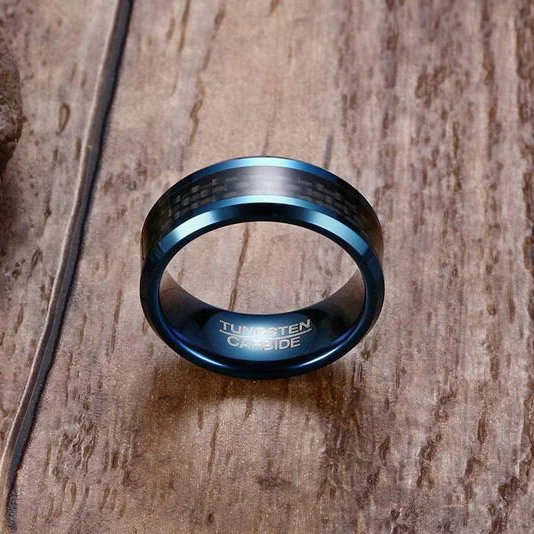 
In Stock Cheap 8mm Tungsten Carbide Ring Mens Blue Carbon Fiber 