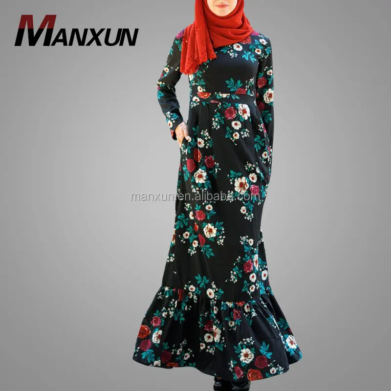New Fashionable Women Ethnic Gender And Middle East Region Abaya Islamic Jilbab Floral Printing Ruffle Long Sleeve Maxi Dress