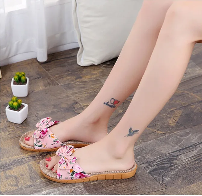High quality comfortable and breathable bowknot linen family slippers female non-slip Eva slippers