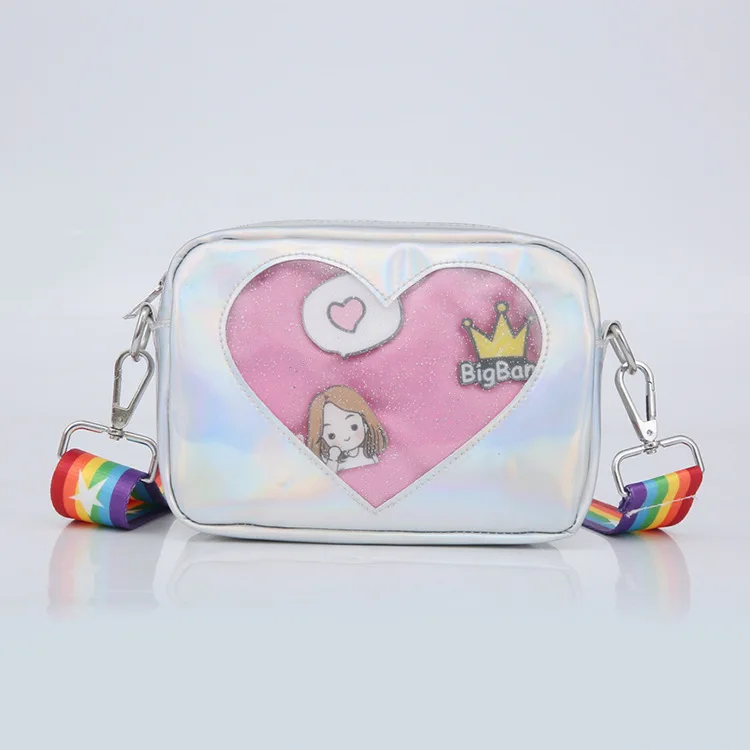 Wholesale new laser Girls heart Transparent messenger bag fashion Kids bag with rainbow belt