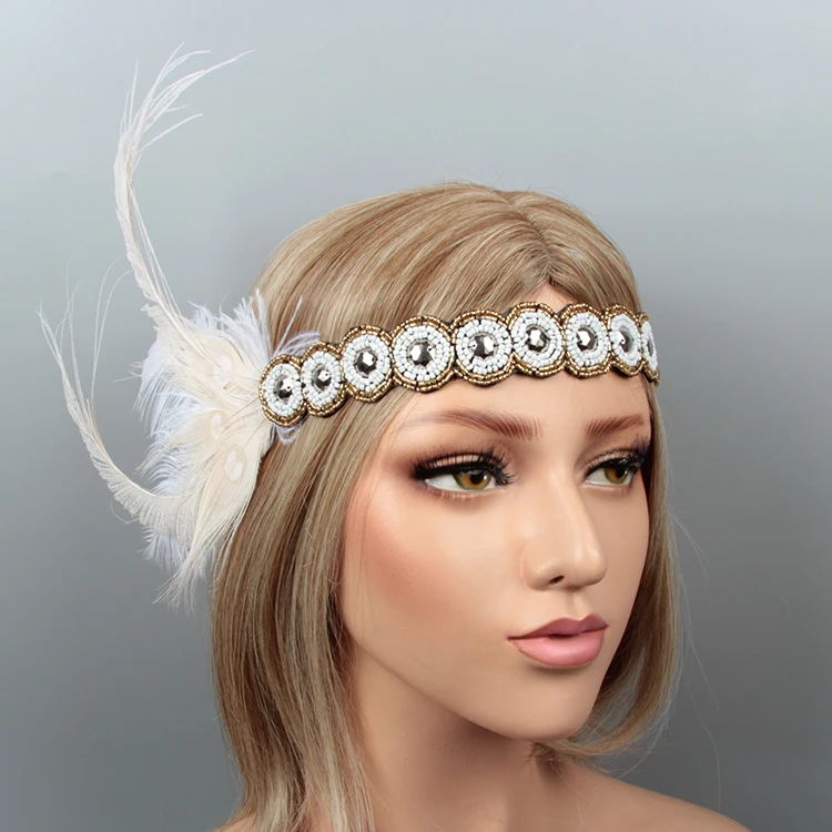 White crystal rhinestones feather headpiece 1920s great gatsby bridal headdress in China