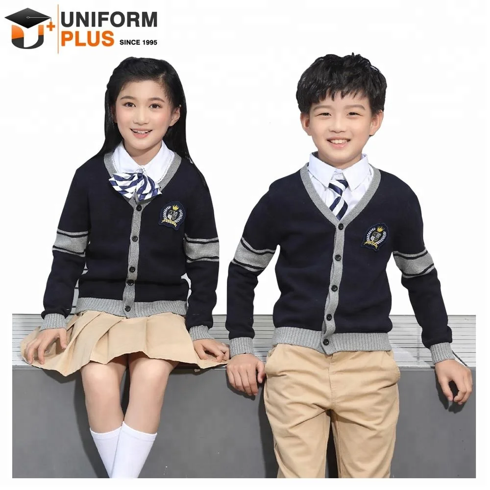 Custom made cotton children navy blue school clothes uniform cardigan sweater for boys and girls