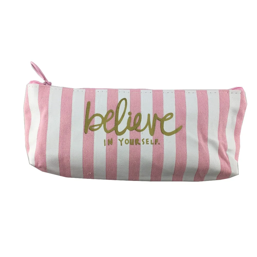 Cute Pink and White Stripe Printed Canvas Pencil Case with Zipper Closure Student Pencil Bag