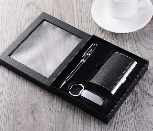 2018 Quality leather wallet gift set, keychain and pen gift set for men.