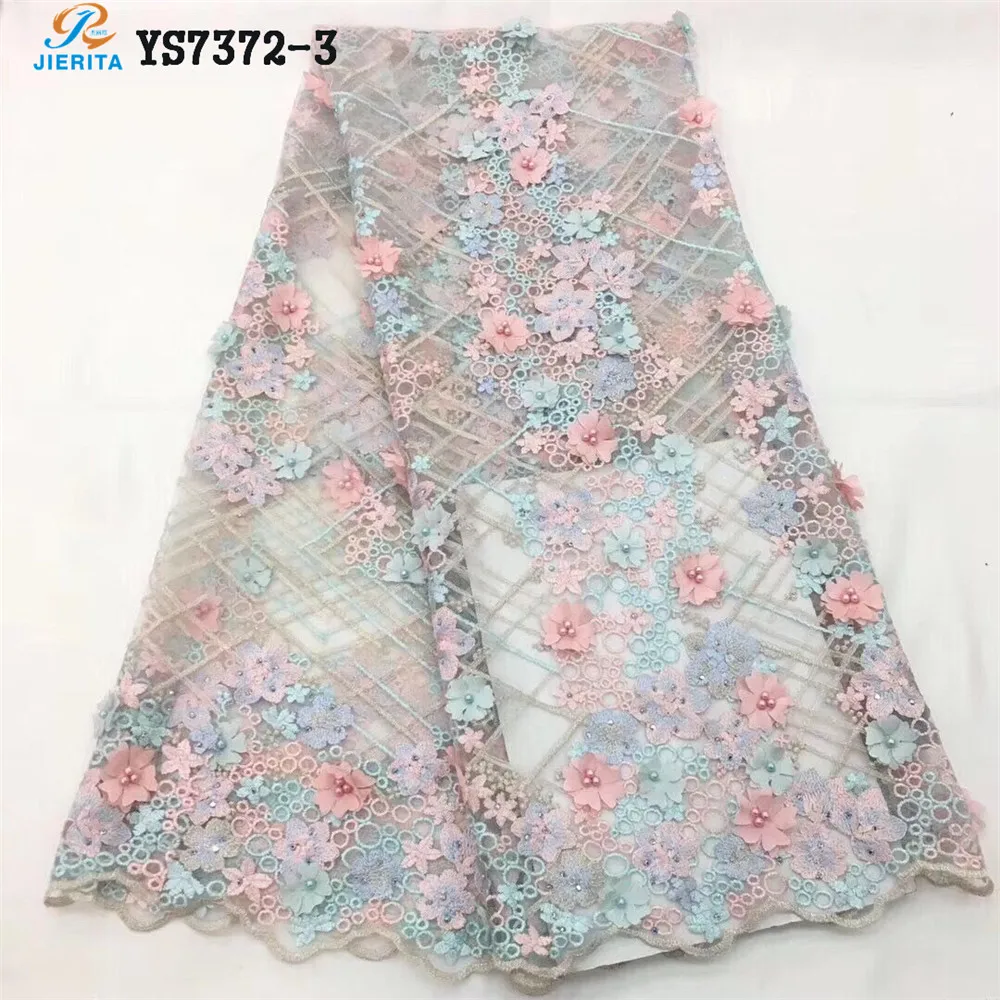 YS7372-5 African Beautiful high-end French net lace embroidery beads drill three dimensional flower gauze wedding dress