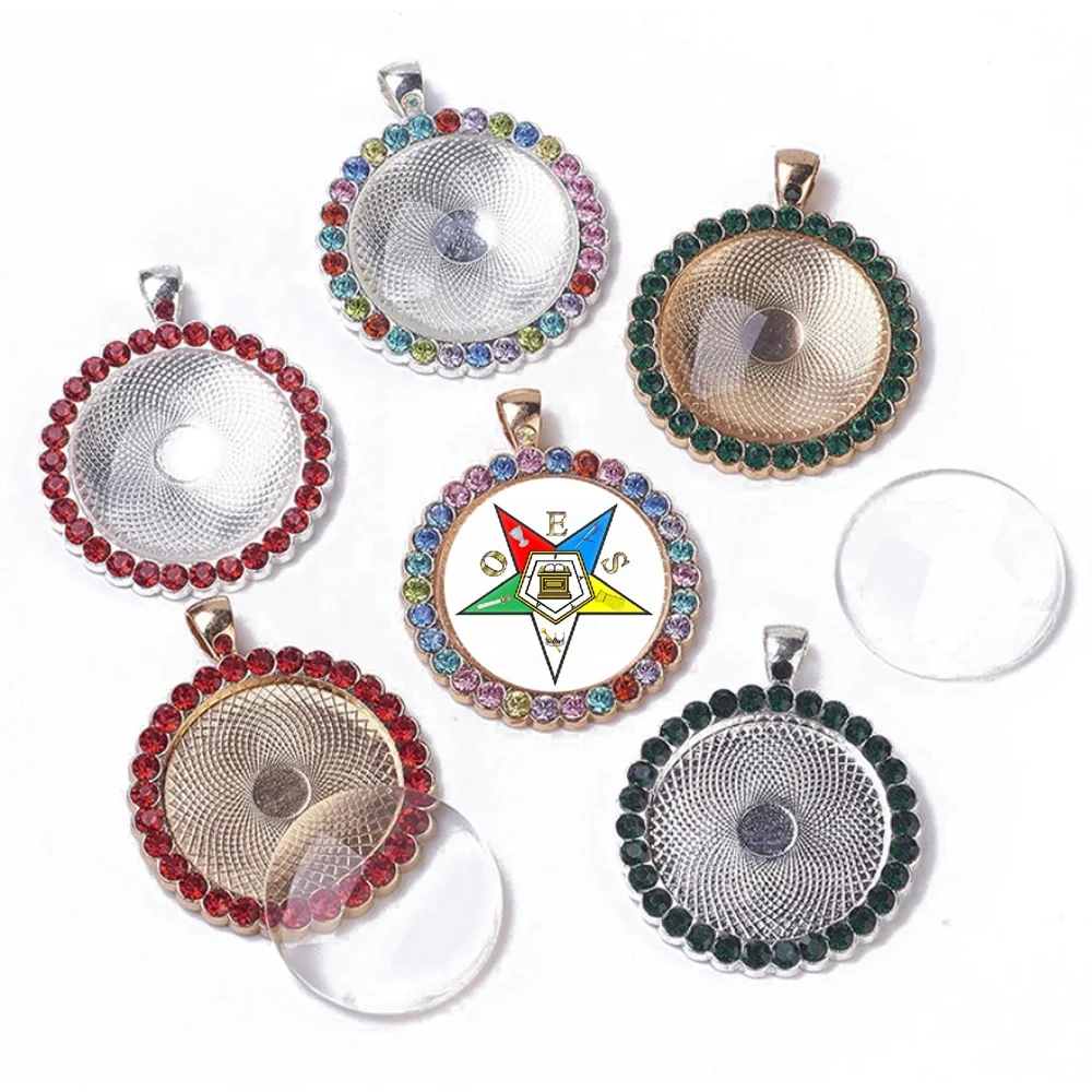 Wholesale new design custom rhinestone round shape sticker pendant sorority fraternity eastern star OES charms
