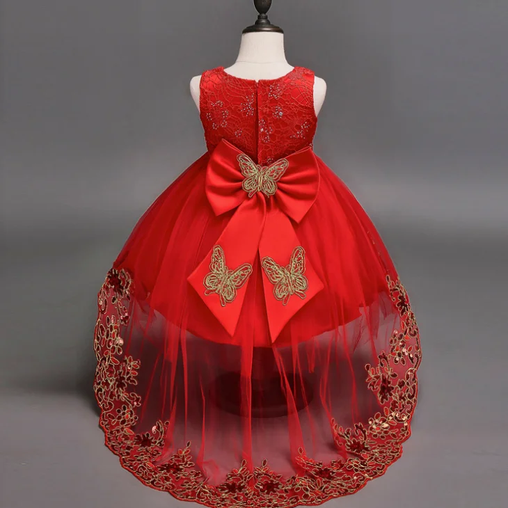 
YY10369G Very beautiful big bow back kids party dress girls red wedding dress with sequin 
