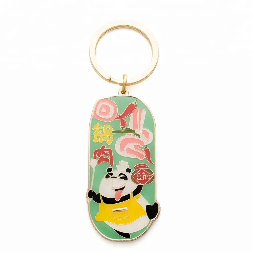 Factory cheap custom soft enamel color 2D design metal key ring panda keychain