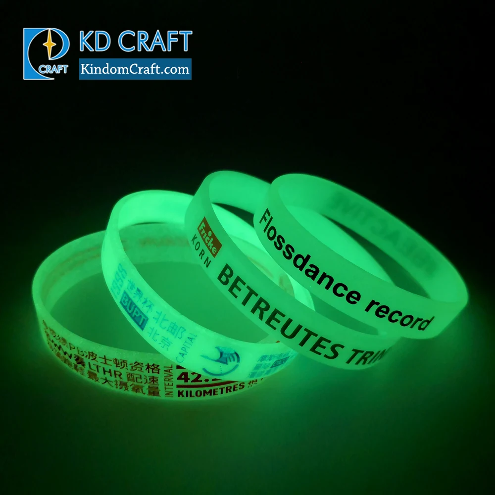 High quality no minimum personalized custom debossed logo color filled luminous glow silicone wristbands