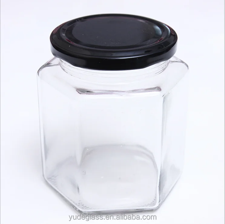 Wholesale hexagon glass jar for honey, honey bear jar with metal lid