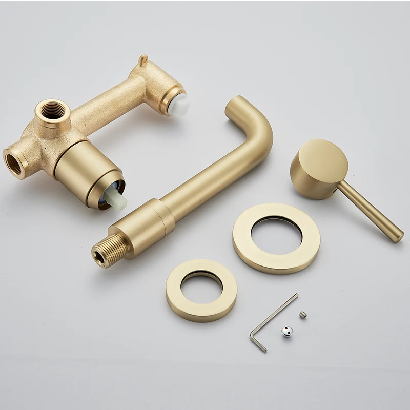 
New Hot Sale Brushed Golden Basin Faucet Concealed Wall Mounted Basin Hot Cold Water Bath Mixer Tap 360 Rotation Single Handle 