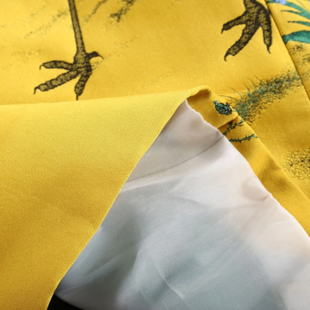 
Mens Fashion Shawl Lapel Jacquard Red-crowned Crane Blazer Gold Yellow Party Singers Costume Wedding Groom Suit Jacket 