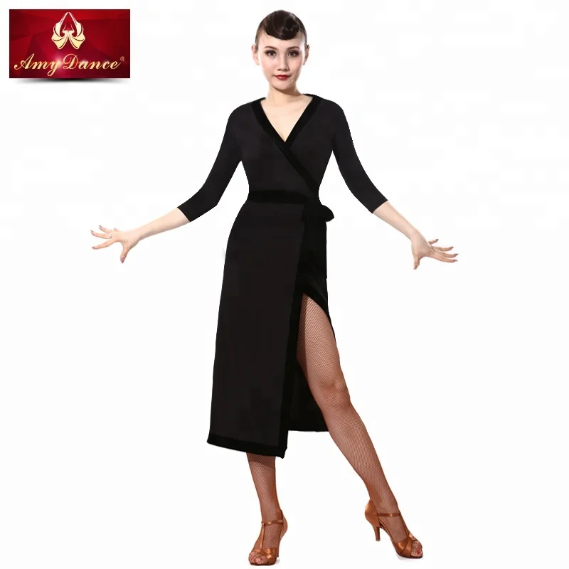 
Original design long sleeves velvet binding tie belt lady latin american dance dress with free safe of pant latin dance costume 