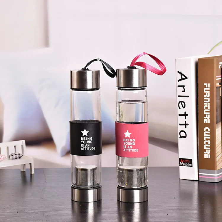 
450ML High Quality Unbreakable Portable sports Borosilicate Glass Water Bottles with Filters for tea and fruit infusion 