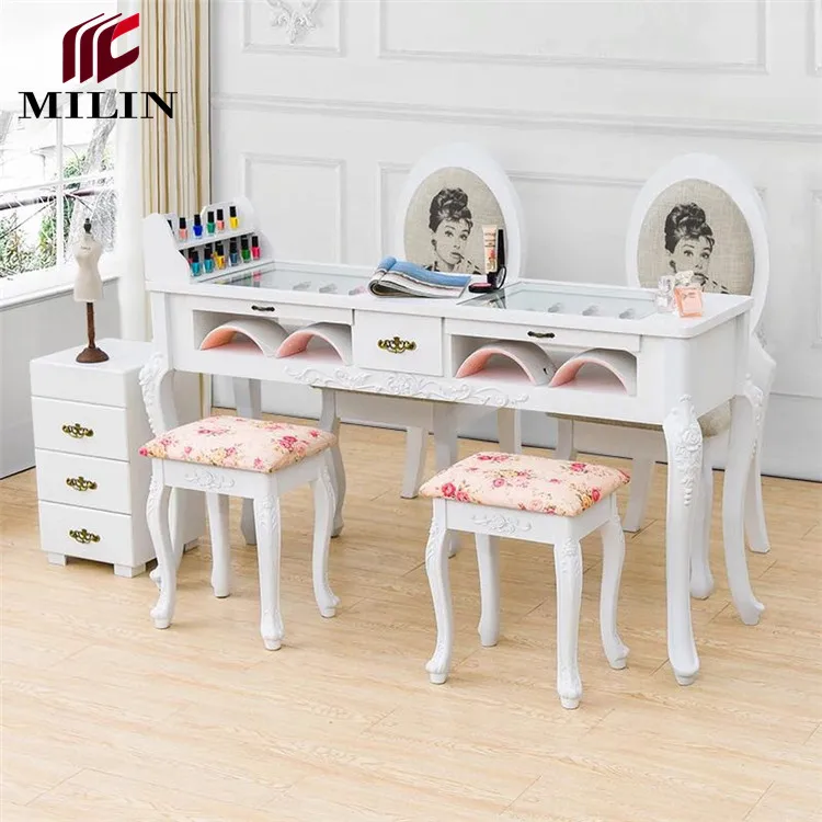 
Glass top drawers manicure salon nail table with trolley and chair 