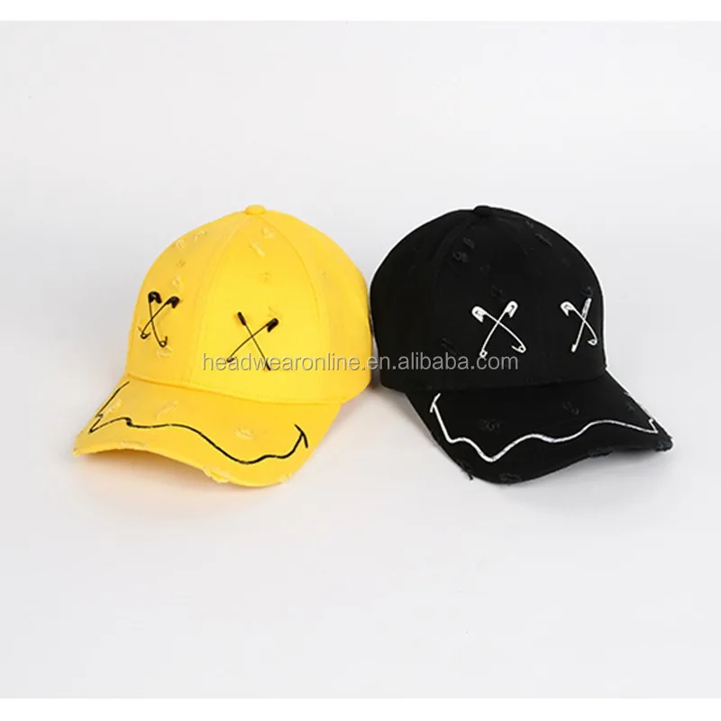 Custom Embroidery Personality Smile Face Distressed Sport Cap Fashion Baseball Cap With Metal Pin for men and women
