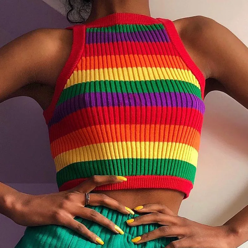 Женская одежда в европейском и американском стиле or51158b, лидер продаж, футболка, Женский вязаный жилет, кроп-топ в радужную полоску