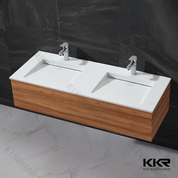 White stone bathroom vanity double sink / commercial bathroom double sinks
