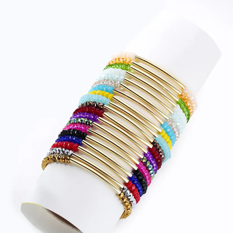 Fashion 4mm Crystal Bead Seed Bead Copper Tube Stretch Bracelet For Women