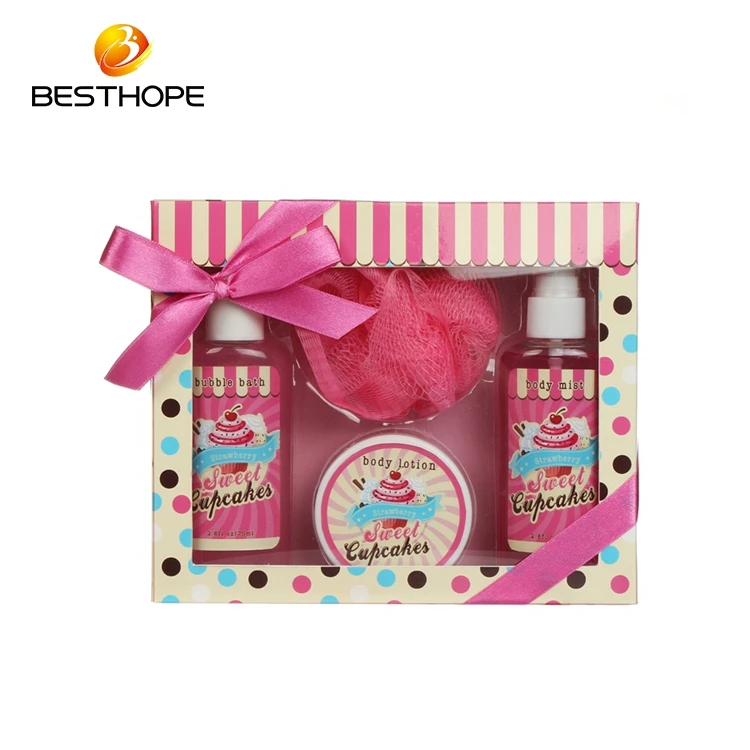 High quality oem shower gel bubble bath body scrub sponge set promotional bath spa gift set in paper box