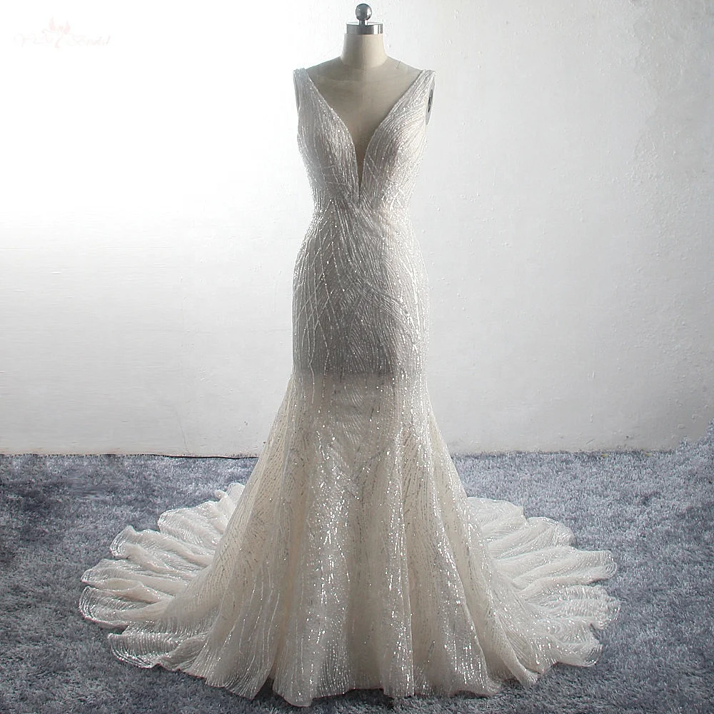 LZ300 Sleeveless Fan Tail Bridal Gown Light Champagne Deep V Neck Blinking Sequin Mermaid Wedding Dress