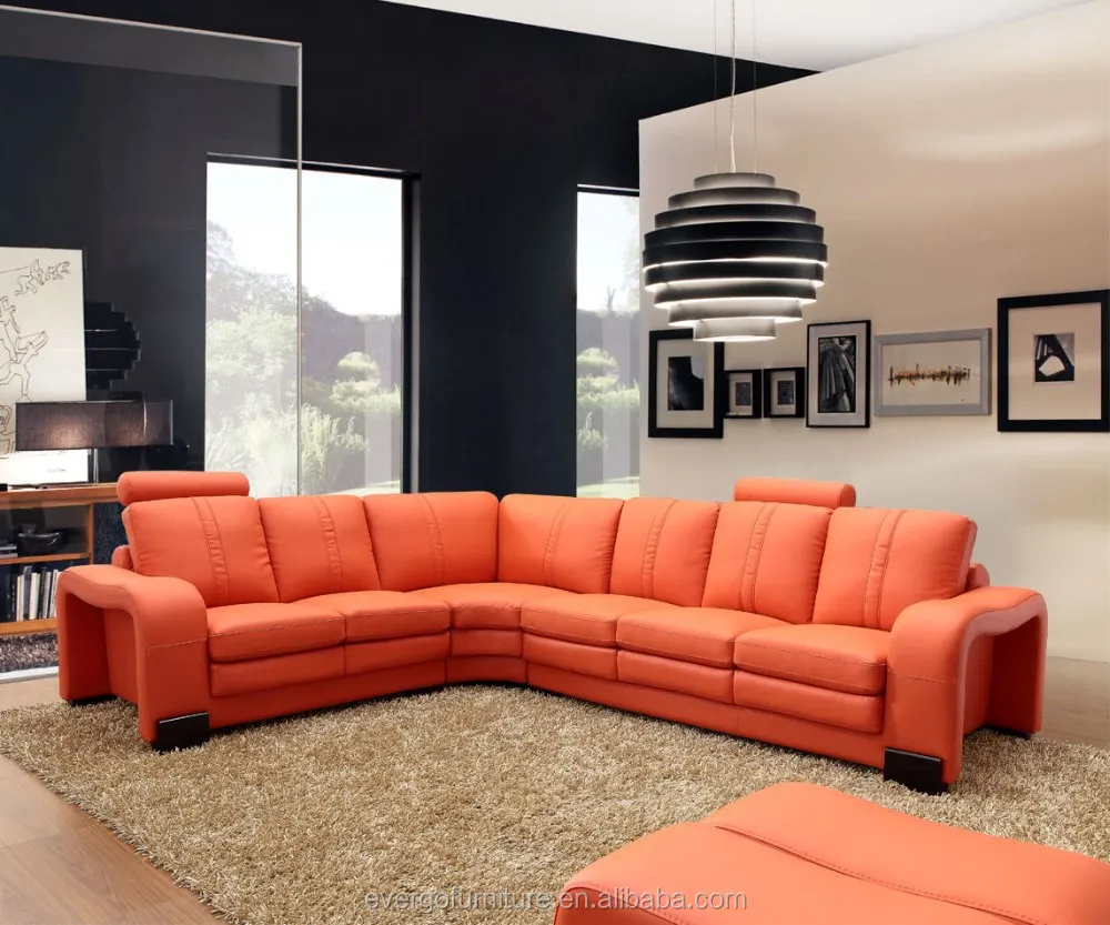 Living Room Furniture Set orange genuine leather big corner sofa L shape modular sectional sofa