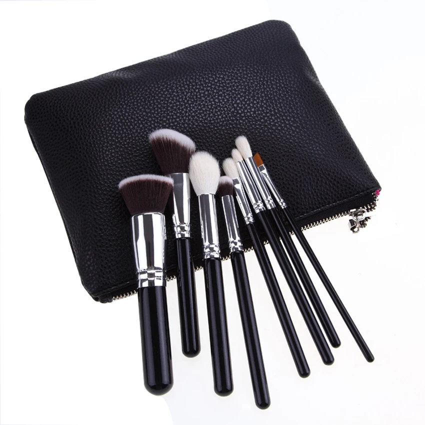 beautiful girls 8pcs silver/black handle makeup brushes set cosmetic tool kits with pu zipper bag