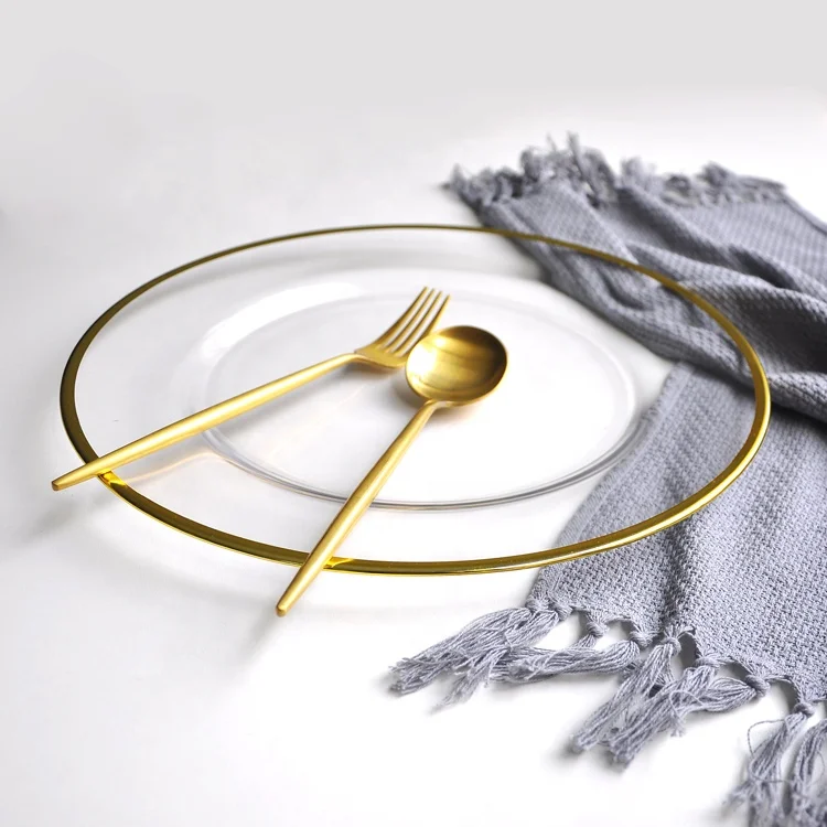 
Unbreakable transparent glass bulk clear wedding under wholesale antique crystal vintage decoration charger plates with gold rim 