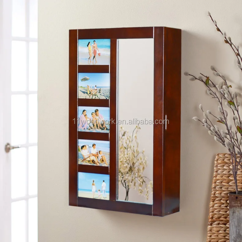 Wooden wall mount mirrored jewelry dressing cabinet with photo door