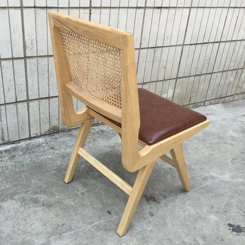 Nordic Coffee Shop French Rattan Cane Leather Wooden Dining Chair on Sale