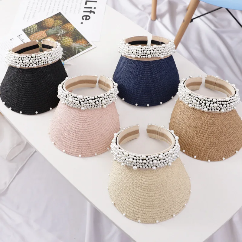 2019 hot selling korean version summer children sunscreen net red handmade pearls empty top baby outdoor beach hat