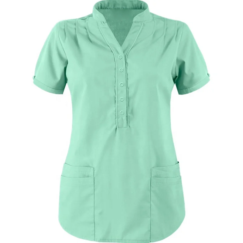 Mandarin Collar 4-Pocket Scrub Top with 5-Buttoned Snap Closure on the Front