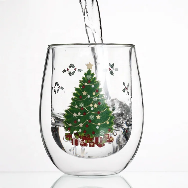 Hot Selling Modern Fashionable Christmas Tree Insulated Double Walled Borosilicate Transparent Glass Coffee Cups