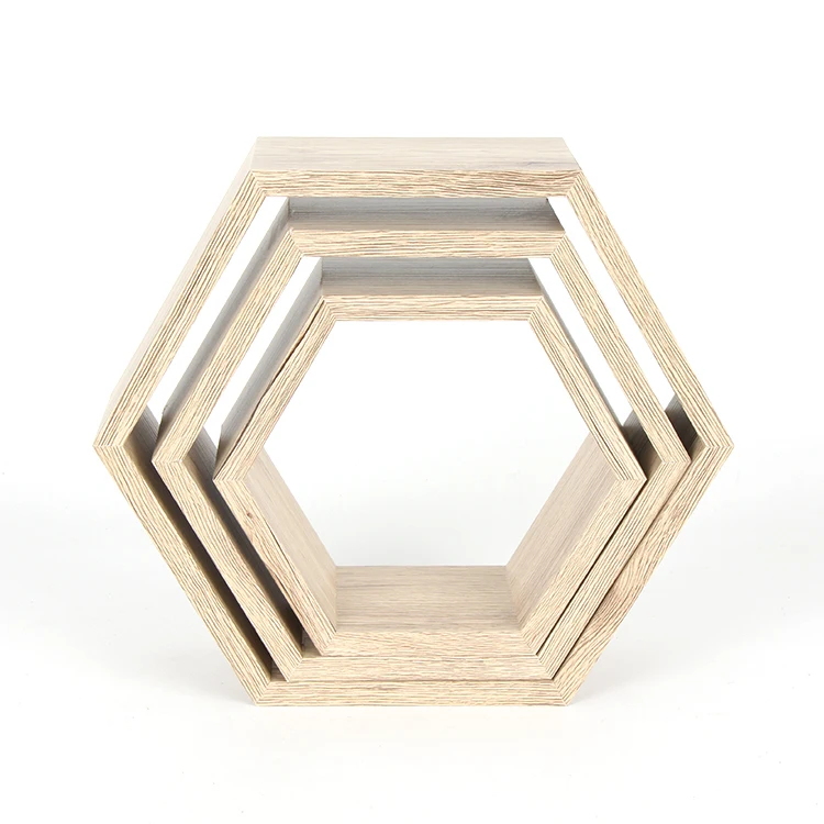 Wood Hexagon wholesale Wall-Mounted 3D Shadow Box frame 3 Sets Floating Display Shelves
