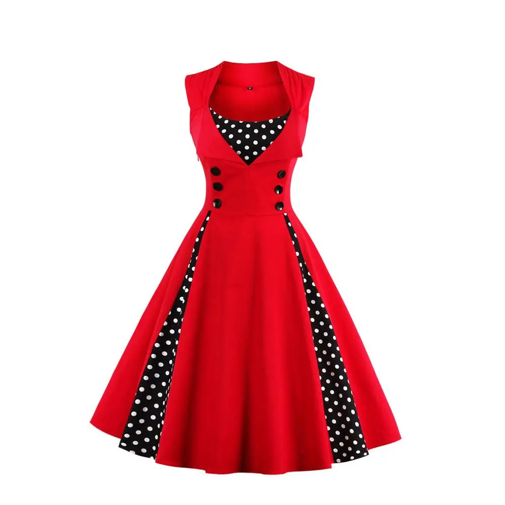 Women 5XL New 50s 60s Retro Vintage Dress Polka Dot Patchwork Sleeveless Spring Summer Red Dress Rockabilly Swing Party Dress