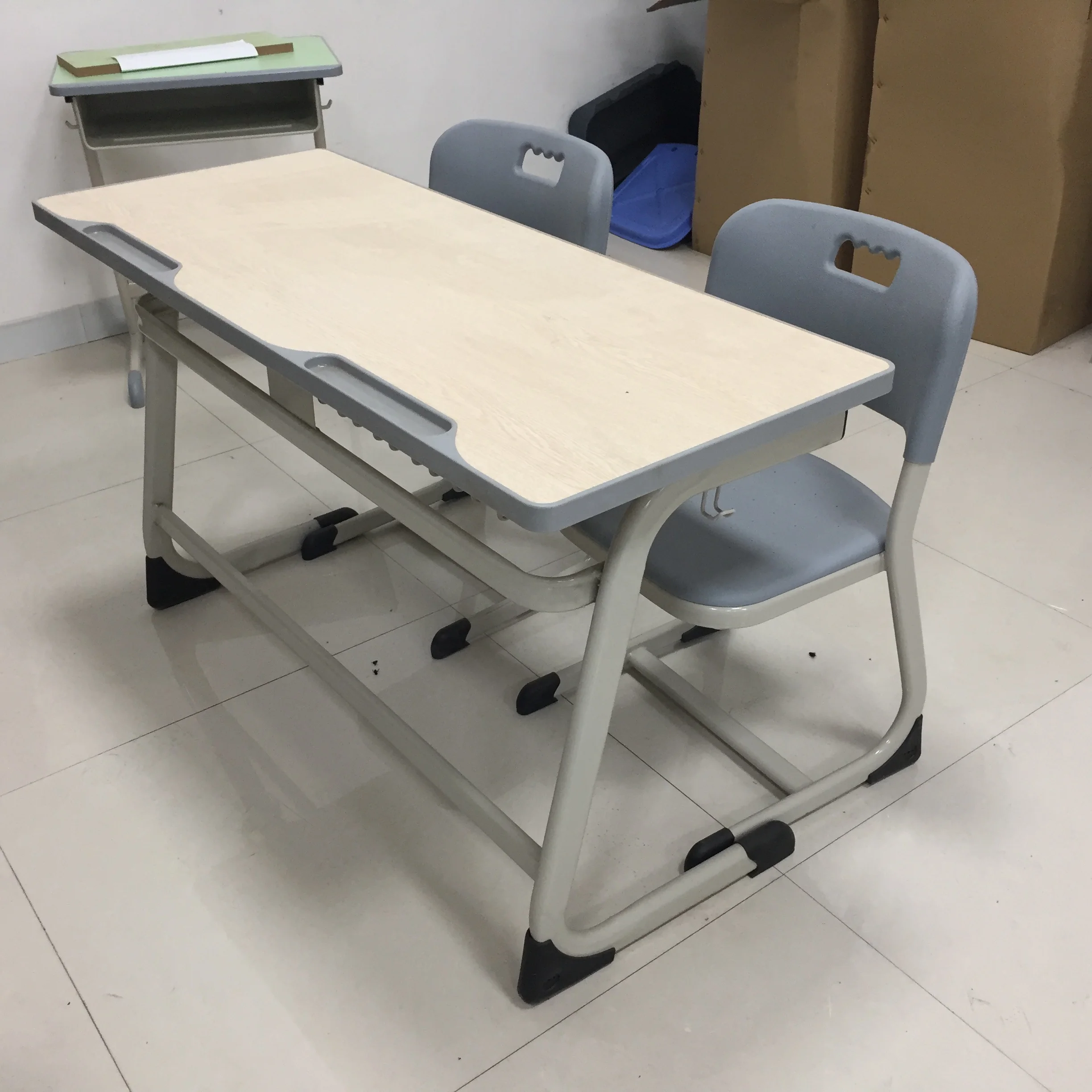 Modern School Furniture Two Students Wooden Study Table and Chairs Set