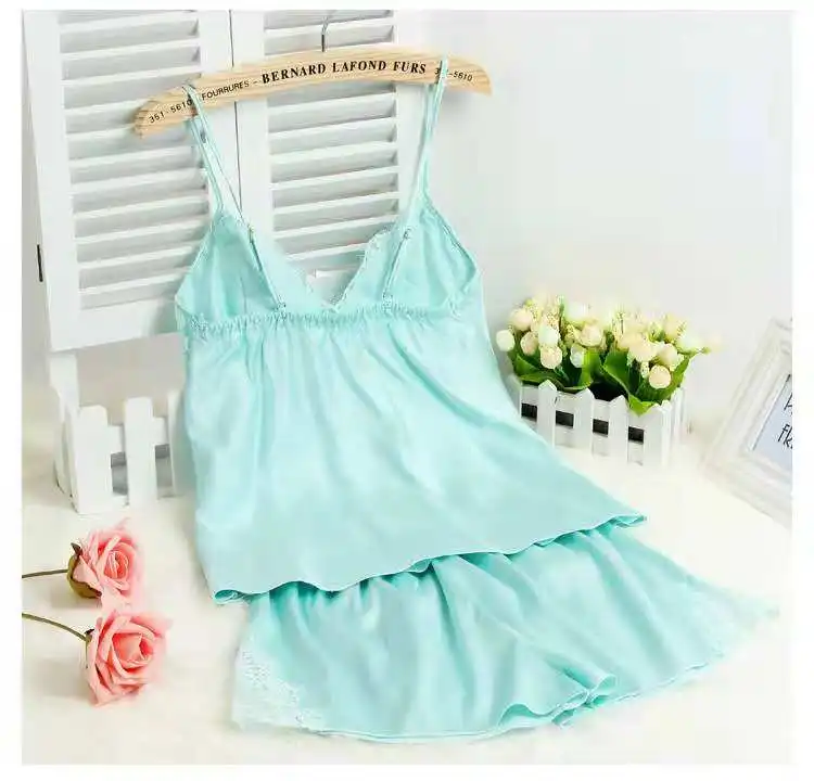 
Wholesale Stock Custom Women Nightwear Satin Silk Camisole Pajamas 