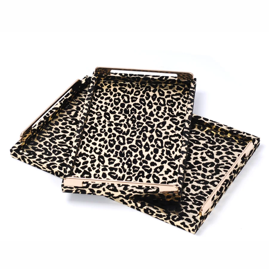 Rectangle Wholesale Decorative Wooden Tray Leopard Leather Serving Tray With Metal Handles